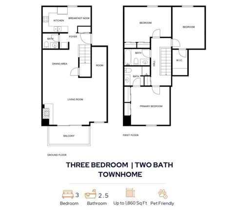 Floor plan for 3 beds, 2.5 baths, 1860 sqft